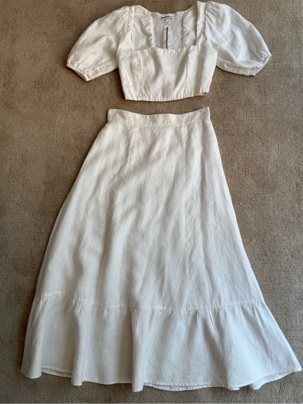 Reformation White Linen Midi Set with Puff Sleeve Top